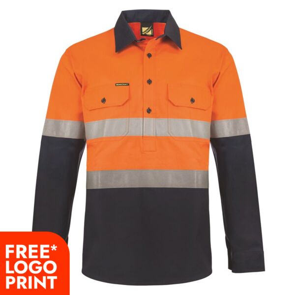 Mens Hi Vis Half Placket Cotton Drill Shirt Semi Gusset Sleeves CSR Reflective Tape Thumbnail